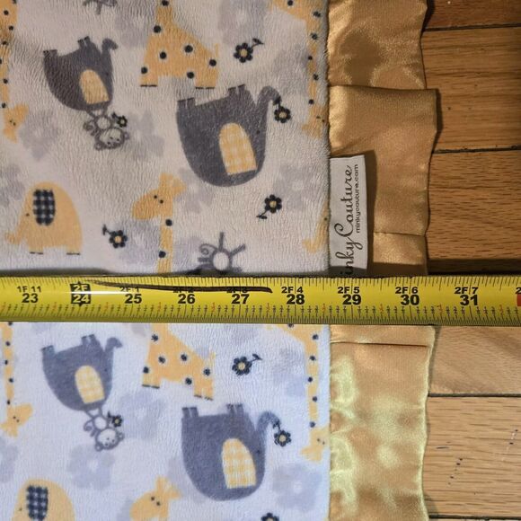 Minky Couture Elephant Monkey Giraffe Satin Trim Baby Blanket Gray Gold Soft - Picture 5 of 9
